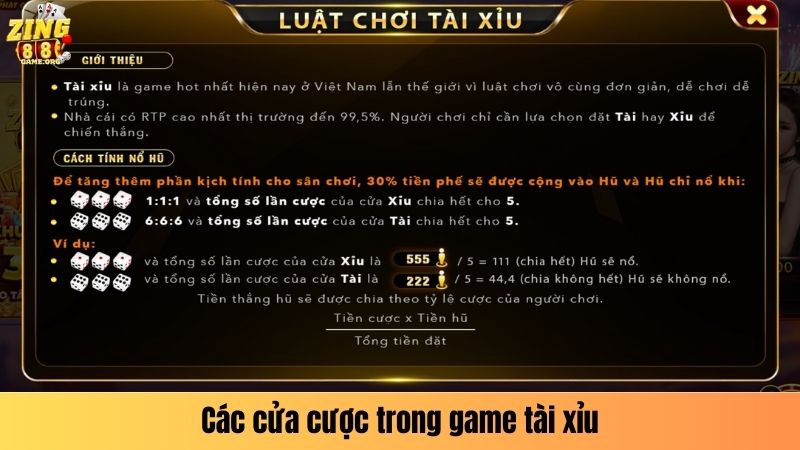 Các cửa cược trong game tài xỉu