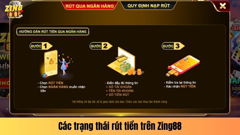 Các trạng thái rút tiền trên Zing88