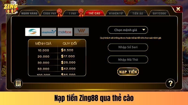 Nạp tiền Zing88 qua thẻ cào