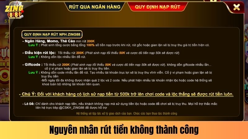 Nguyên nhân rút tiền không thành công